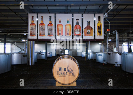 Barrel of Bourbon and Banners with Wild Turkey Brand Bourbon at Wild Turkey Distillery near Lawrenceburg, Kentucky Stock Photo