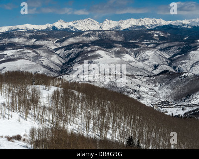 Gore Range and ski trails from the top of the Grouse Mountain Express Lift, Beaver Creek Resort Ski, Avon, Colorado. Stock Photo