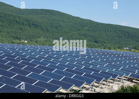Rows of solar panes near the completion of installation in Adams, Massachusetts. Stock Photo
