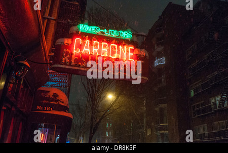 New York, NY 21 January, 2014 - Carbone, an upscale Italian restaurant in the South Village Historic District on a snowy evening Stock Photo
