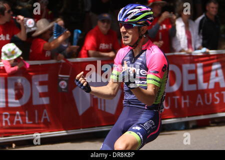 Stirling, South Australia. 22nd Jan, 2014. Deigo Ulissi (Lampre-Merida) salutes the crowd as a surprise winner ahead of race leader Simon Gerrans (Orica-GreenEdge) in Stage 2 of the Santos Tour Down Under 2014 from Prospect to Stirling, South Australia on 22 January 2014 Credit:  Peter Mundy/Alamy Live News Stock Photo