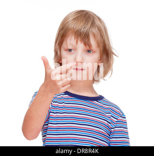 Boy Counting on Fingers of his Hand - Isolated on White Stock Photo