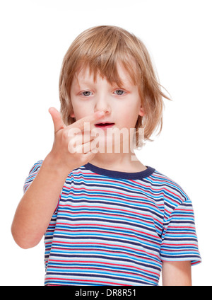 Boy Counting on Fingers of his Hand - Isolated on White Stock Photo