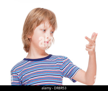 Boy Counting on Fingers of his Hand - Isolated on White Stock Photo