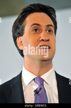 Labour Party leader Ed Miliband discusses immigration and economy at a press conference held at the Coin Street Neighbourhood Centre in South London. Stock Photo