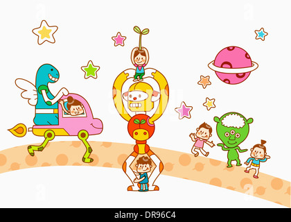 illustration of kids and robots Stock Photo