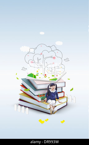 girl with a book sitting on a pile of books Stock Photo - Alamy