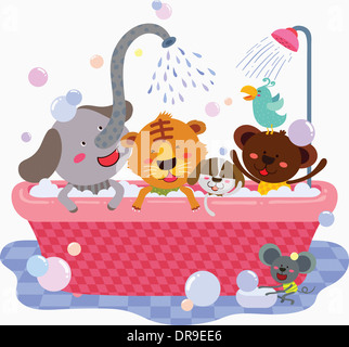 illustration of animals taking shower together Stock Photo