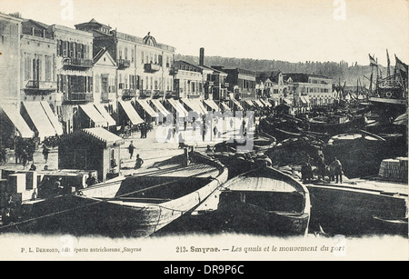 Izmir, Turkey - Orange Boats moored at Quay Stock Photo