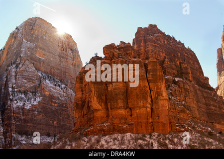Zion National Park in the late afternoon looking into the sun. Stock Photo