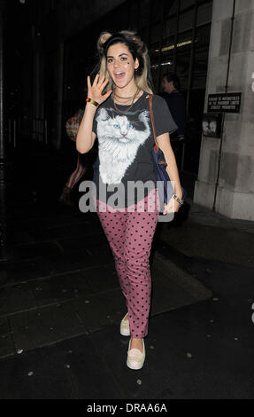 Marina Diamandis aka Marina and the Diamonds, arrives at the BBC Radio 1 studios for a brief interview, leaving 30 minutes later. Marina was not dressed for the cold, wet weather, despite complaining on her twitter account that it was like 'December outside'. London, England - 02.07.12 Stock Photo