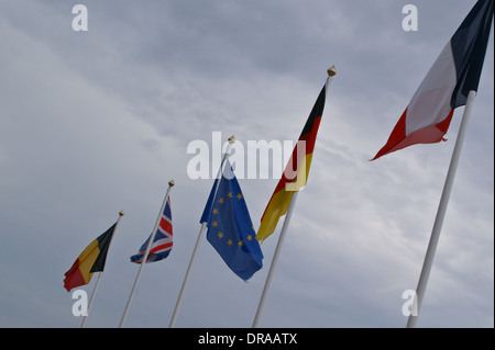 National flags of France, Netherlands, Belgium, EU and Union Flag on flagpoles, Wimereux, Côte Opale, Nord-Pas-de-Calais, France Stock Photo