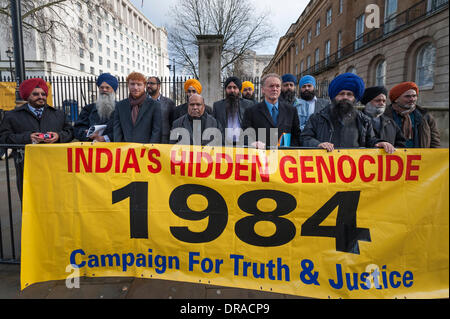 Downing Street, London, UK. 22nd January, 2014. Members of the Sikh Alliance petition Downing Street in response to recent allegations the UK 'colluded' with India in the attack on the Golden Temple at Amritsar in June 1984. The Prime Minister David Cameron has ordered an investigation. Credit:  Lee Thomas/Alamy Live News Stock Photo