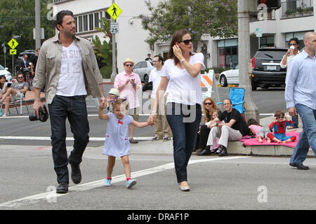 Ben Affleck, Jennifer Garner and their daughter Seraphina celebrate the Fourth of July, American Independence day watching the parade with their family on Pacific Palisades Los Angeles, California - 04.07.12  Where: United States When: 04 Jul 2012 Stock Photo