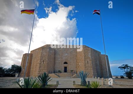 El Alamein, Egypt. 03rd Jan, 2014. Exterior view of the German Military Cemetery Memorial in El Alamein, Egypt, 03 January 2014. Three major battles of El Alamein in 1942, during which the German advance in North Africa came to a halt, killed around 4,500 members of the German Afrika Korps. In 1959, the military cemetery was built to commemorate the dead. There is also the Italian and Commonwealth war cemetery with graves of around 13,000 soldiers in total. Photo: Matthias Toedt - NO WIRE SERVICE/dpa/Alamy Live News Stock Photo