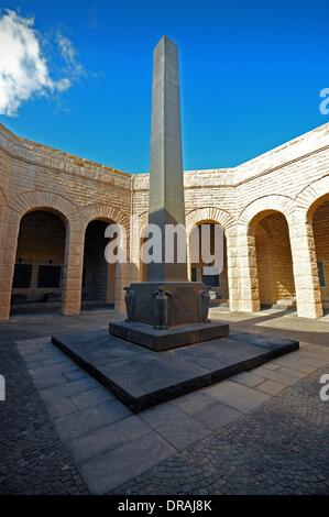 El Alamein, Egypt. 03rd Jan, 2014. An obelisk stands in a court of the German Military Cemetery Memorial in El Alamein, Egypt, 03 January 2014. Three major battles of El Alamein in 1942, during which the German advance in North Africa came to a halt, killed around 4,500 members of the German Afrika Korps. In 1959, the military cemetery was built to commemorate the dead. There is also the Italian and Commonwealth war cemetery with graves of around 13,000 soldiers in total. Photo: Matthias Toedt - NO WIRE SERVICE/dpa/Alamy Live News Stock Photo