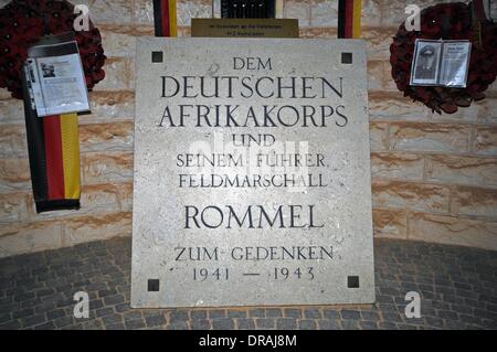 El Alamein, Egypt. 03rd Jan, 2014. Memorial plate for the German Africa Corps and its commander, Field Marshal Erwin Rommel, at the German Military Cemetery Memorial in El Alamein, Egypt, 03 January 2014. Three major battles of El Alamein in 1942, during which the German advance in North Africa came to a halt, killed around 4,500 members of the German Afrika Corps. In 1959, the military cemetery was built to commemorate the dead. There is also the Italian and Commonwealth war cemetery with graves of around 13,000 soldiers in total. Photo: Matthias Toedt - NO WIRE SERVICE/dpa/Alamy Live News Stock Photo