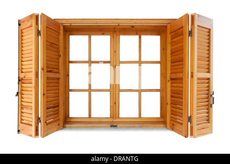 Wooden window with shutters exterior side isolated on white background Stock Photo