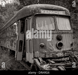 Old Green Line Trolley from Boston abandoned rusted out and rotting on a out of the way siding. Stock Photo
