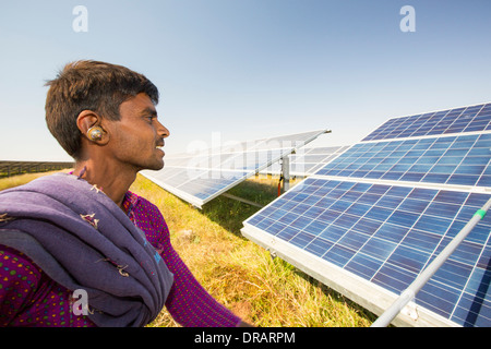 Asia's largest solar popwer station, the Gujarat Solar Park, in Gujarat, India. It has an installed capacity of 1000 MW. Stock Photo