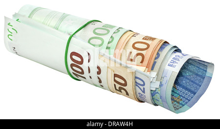 Roll of euro banknotes with a rubber band, isolated on the white background Stock Photo