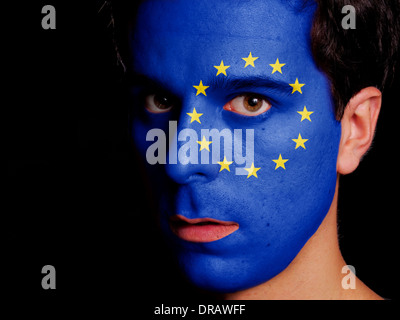 Flag of European Union Painted on a Face of a Young Man Stock Photo