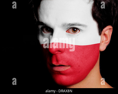 Flag of Poland Painted on a Face of a Young Man Stock Photo