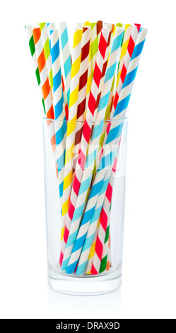 Striped drink straws of different colors in glass isolated on white background Stock Photo