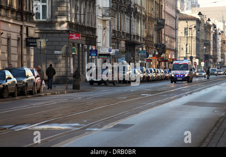 Speeding Ambulance on the streets of Krakow in Poland Stock Photo