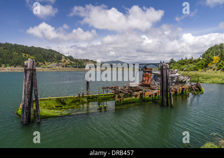 Wreck of the Mary D. Hume sunk in the water at the mouth of the Rogue River. Gold Beach, Oregon Stock Photo