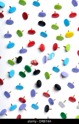 Coloured drawing pins or thumb tacks, on a white background. Stock Photo