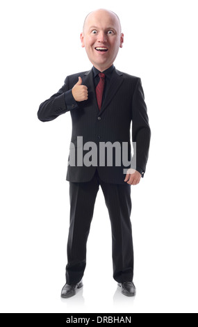 smiling businessman with big head in suit gesturing thumbs up sign isolated on white Stock Photo