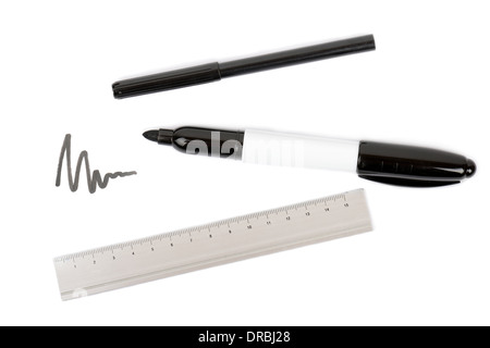 drawing equipmet pens and a ruler on a white background Stock Photo