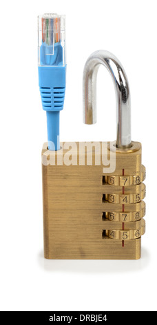 Concept of network security a padlock and network connection cable isolated on a white background Stock Photo