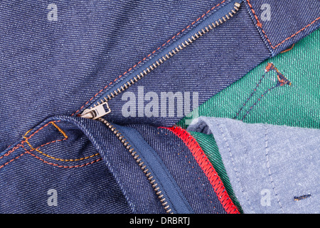 denim zipper open ajar closeup Stock Photo