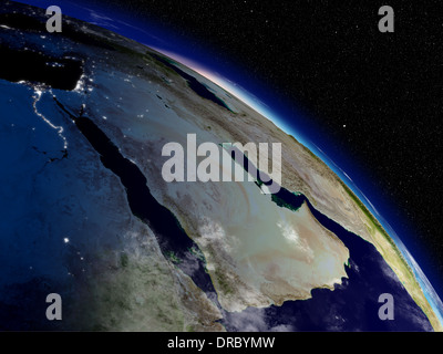 Early morning on Arabian peninsula viewed from space. Highly detailed planet surface with clouds and city lights. Elements of this image furnished by NASA. Stock Photo