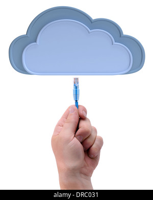 hand holding network cables connecting connecting to the cloud Stock Photo