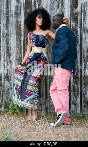 Brittany Bell and Sam Sarpong Supermodel Sam Sarpong and Miss Arizona USA 2010 Brittany Bell on a fashion shoot for the 46664 clothing brand at Paramount Ranch Agoura Hills, California, USA - 17.07.12 Stock Photo