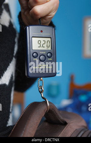 Digital luggage scale in luggage suitcase to avoid overweight baggage in  airport concept. Reduce traveling stress Stock Photo - Alamy