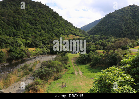 Manganuku Campground   Waioeka Gorge Scenic Reserve and River,  State Highway 2, East Cape Area, North Island, New Zealand Stock Photo