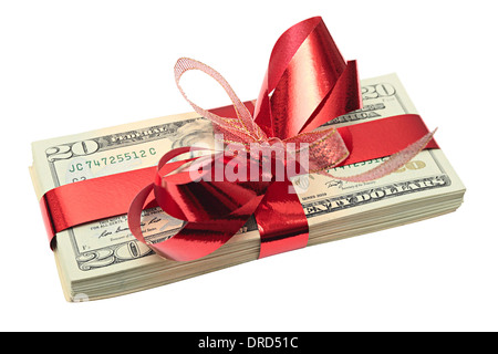 Dollars tied up by a red ribbon with bow-knot Stock Photo