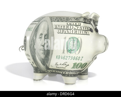 100 dollar bill in a piggy bank isolated on white background. Savings ...