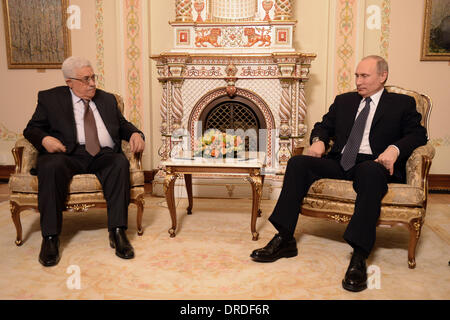 Moscow, Moscow, Russian Federation. 23rd Jan, 2014. Russian President Vladimir Putin, right, and Palestinian President Mahmoud Abbas during their meeting in the Novo-Ogaryovo residence outside Moscow, Thursday, Jan. 23, 2014. Palestinian leader Mahmoud Abbas said that he congratulated Russian President Vladimir Putin with the success Moscow made in the international arena and that he hoped Russia would play a central role in the settlement in Middle East Credit:  Thaer Ganaim/APA Images/ZUMAPRESS.com/Alamy Live News Stock Photo