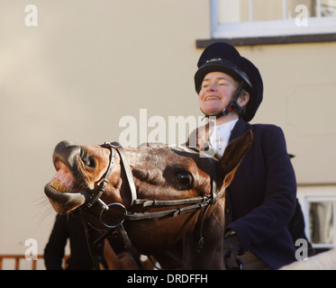 Axbridge Boxing day hunt,  laughing horse and rider at the gathering in the square before setting off, 26 December 2013 Stock Photo