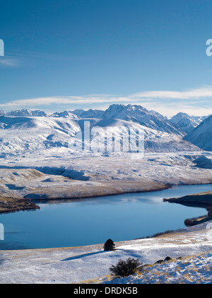 High-angle view of Lake Alexandrina from atop Mt. John, with the Gamack Range in the background. New Zealand. Stock Photo