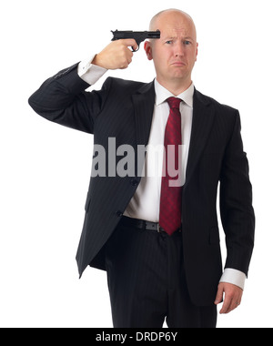 Businessman over stressed committing suicide isolated on white Stock Photo