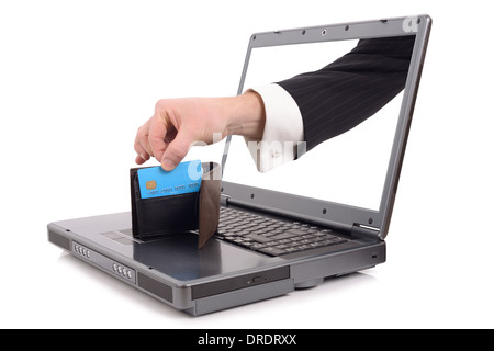 Theft over the Internet concept with a hand poping out of the screen to steal a credit card, isolated on a white background Stock Photo