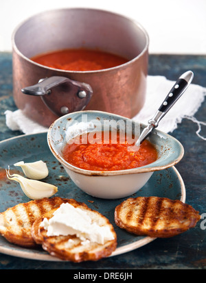 Tomato soup Gazpacho in blue bowl Stock Photo