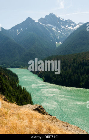 View of Thunder Arm, Diablo Lake reservoir, from lookout point on The North Cascades Highway, Route 20, Washington State, USA. Stock Photo