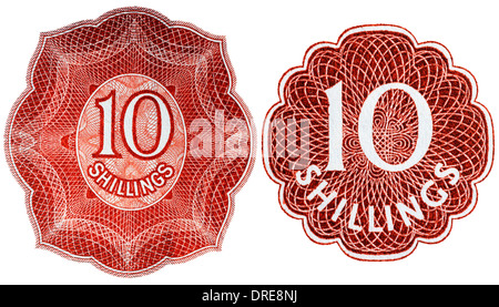 Number 10 from 10 Shillings banknotes, UK, 1955 and 1962 Stock Photo